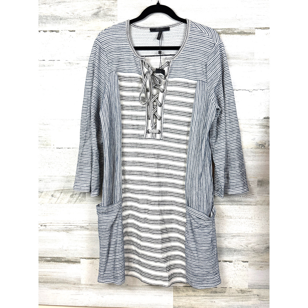 BCBGMaxazria Womens L Blue White Lani Tie Front Striped Knit Mini Dress NWT